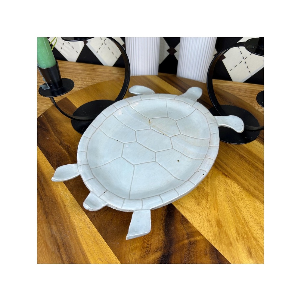 Ceramic Turtle Tray Gray Glazed Footed Platter, Coastal Cottage Style